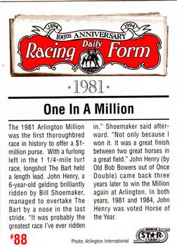 1993 Horse Star Daily Racing Form 100th Anniversary #88 John Henry Back